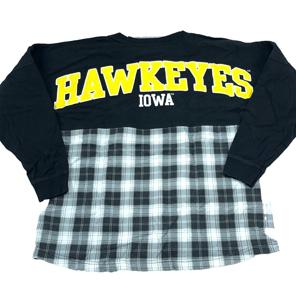 Iowa Hawkeyes Shirt Women Medium Black‎ White Tee Plaid Spell Out Spirit Jersey
